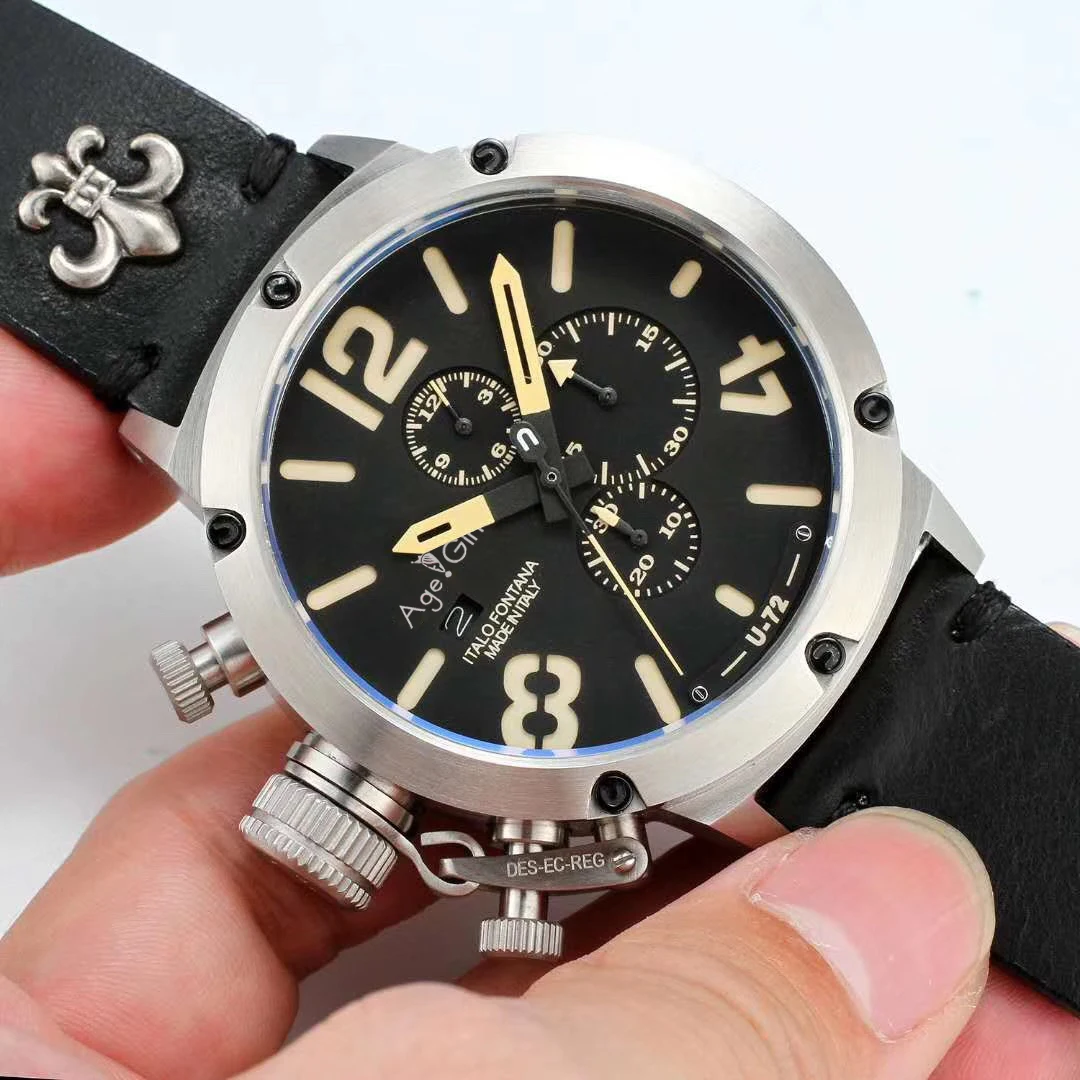 Black Новинка, кварцевые Секундомер-хронограф для мужчин, U CHRONOMETER U1001 U72 Chimera, серебристый, в возрасте, коричневый, корова, черный, кожа, часы для лодок AAA - Цвет: Black