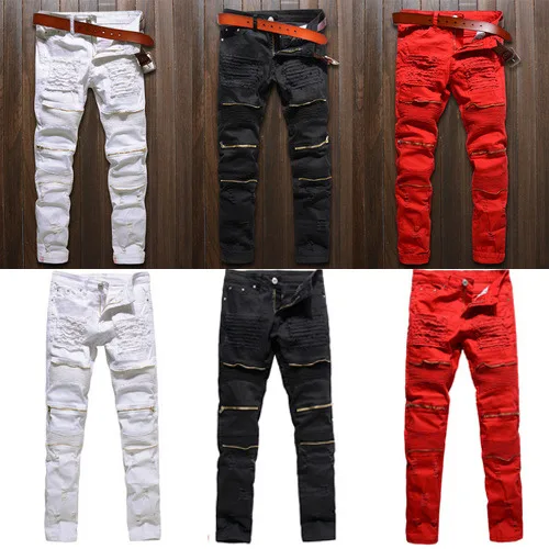 Men Skinny Stretch Denim Ripped Pants Distressed Ripped Freyed Slim Fit Jeans Destroyed Ripped Jeans Black White Red Jeans