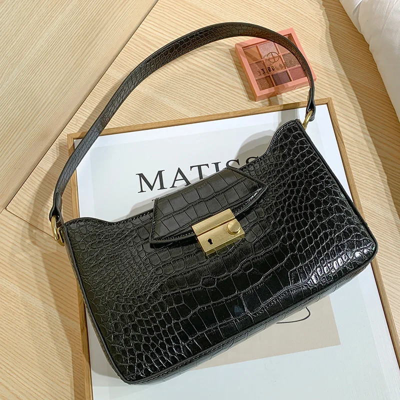

Crocodile single shoulder underarm bag new French design women's texture handbag solid color clasp bag