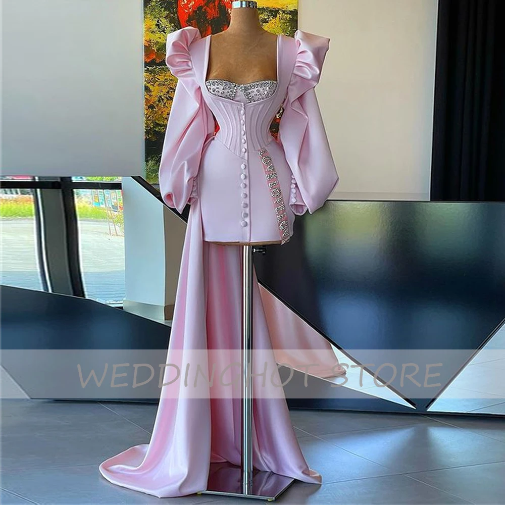 

Розовые вечерние платья с сердечком 2021, буффами на рукавах, бусинами, Элегантное Атласное Платье на пуговицах, вечернее платье на заказ