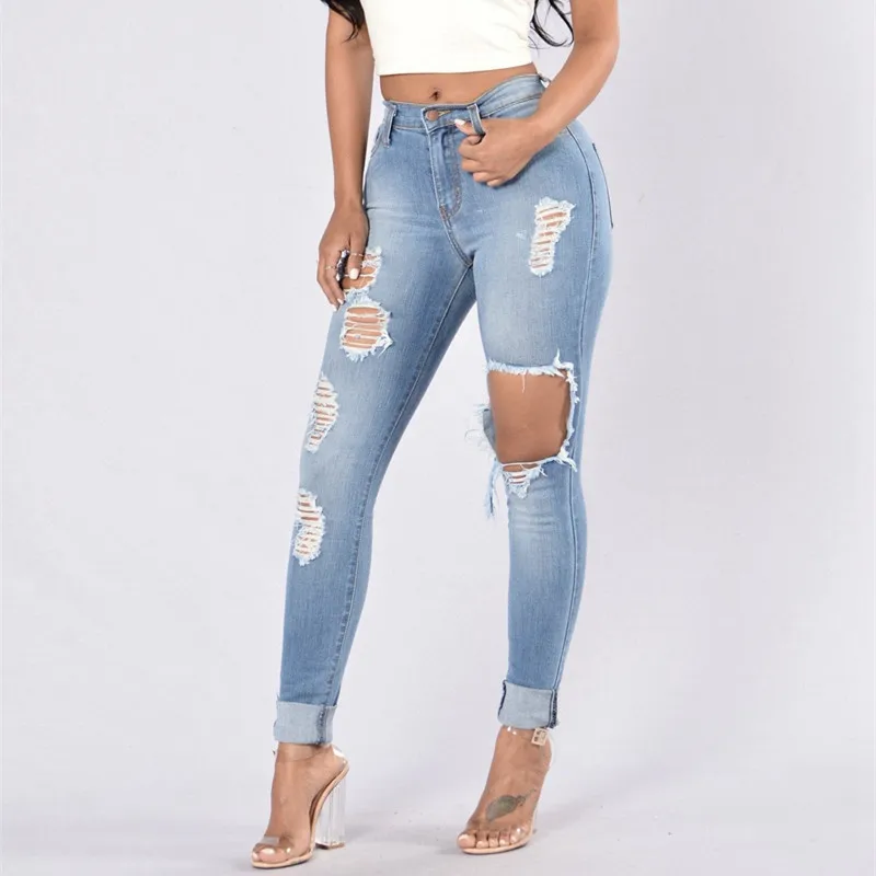 

Black Ripped Jeans For Women Denim Pencil Pants Trousers High Waist Stretch Skinny Jeans Torn Jeggings Plus Size mom jeans 2020