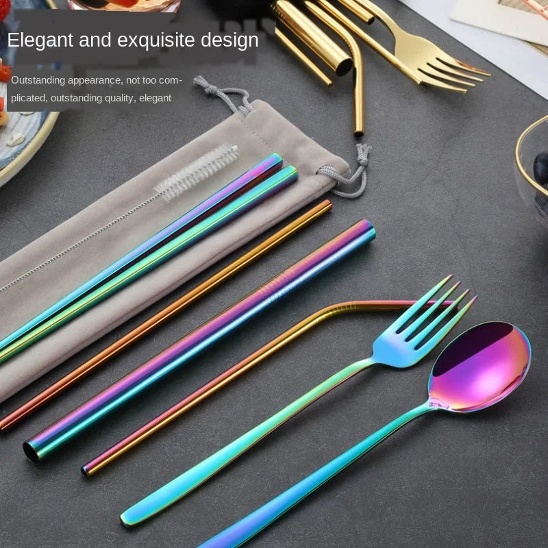 

New Dinnerware 8 PCS 304 Stainless Steel Cutlery Set Steak Knife Fork Spoon Chopsticks Straw Portable Kitchen Tableware