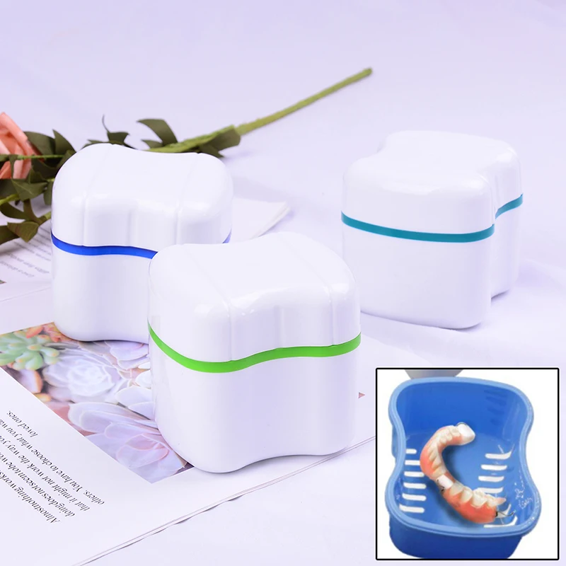 

Blue Denture Bath Box Case Dental False Teeth Storage Box with Hanging Net Container