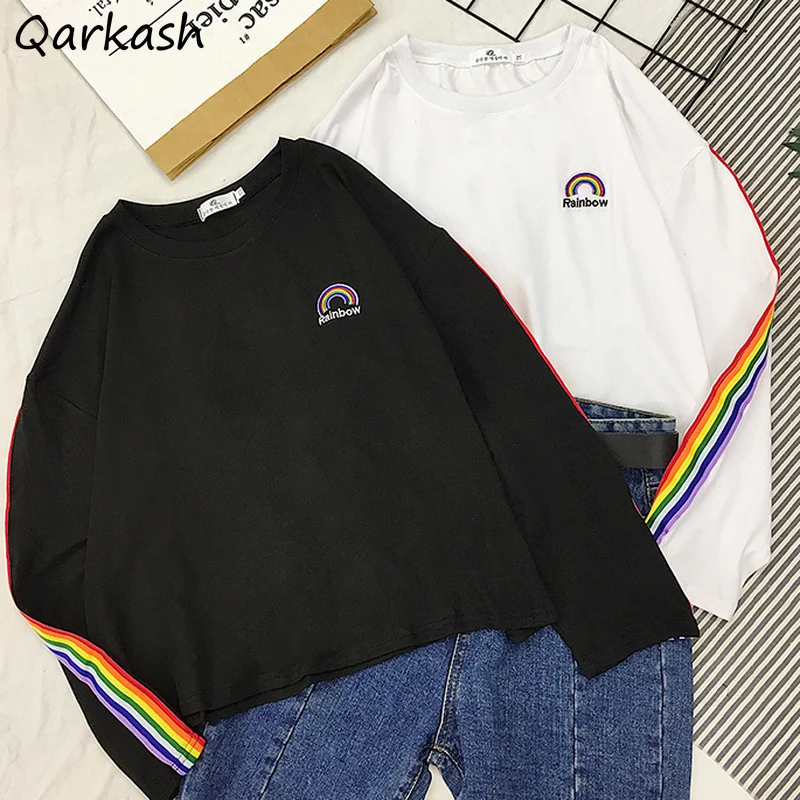 

Футболки в радужную полоску, шикарные мягкие свободные дизайнерские универсальные Футболки с длинным рукавом и вышивкой в стиле Харадзюку,...