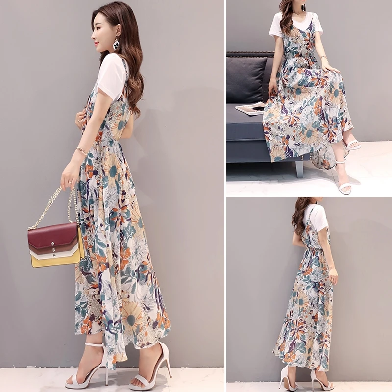 

Women's Spring Summer Chiffon Dress / Suit Women's Two Pieces Printed Short Sleeve V-Neck Elegant Casual Dress AA3285