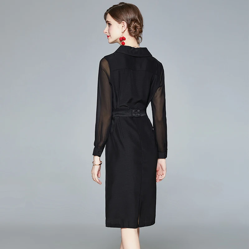 

Black Elegant Office Dress 2021 Spring High Waist Tight Dress Chiffon Stitching Long Sleeves Athens Party Women's Dresses