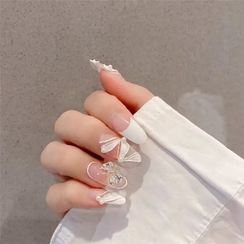 

New Bride white Ribbon with 3d butterfly bow decorated fake nails 24pcs with glue French lady false nails full nail tips