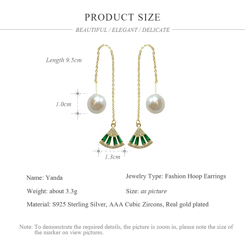 Женские серьги подвески в виде веера из серебра 925 пробы с жемчужным и зеленым