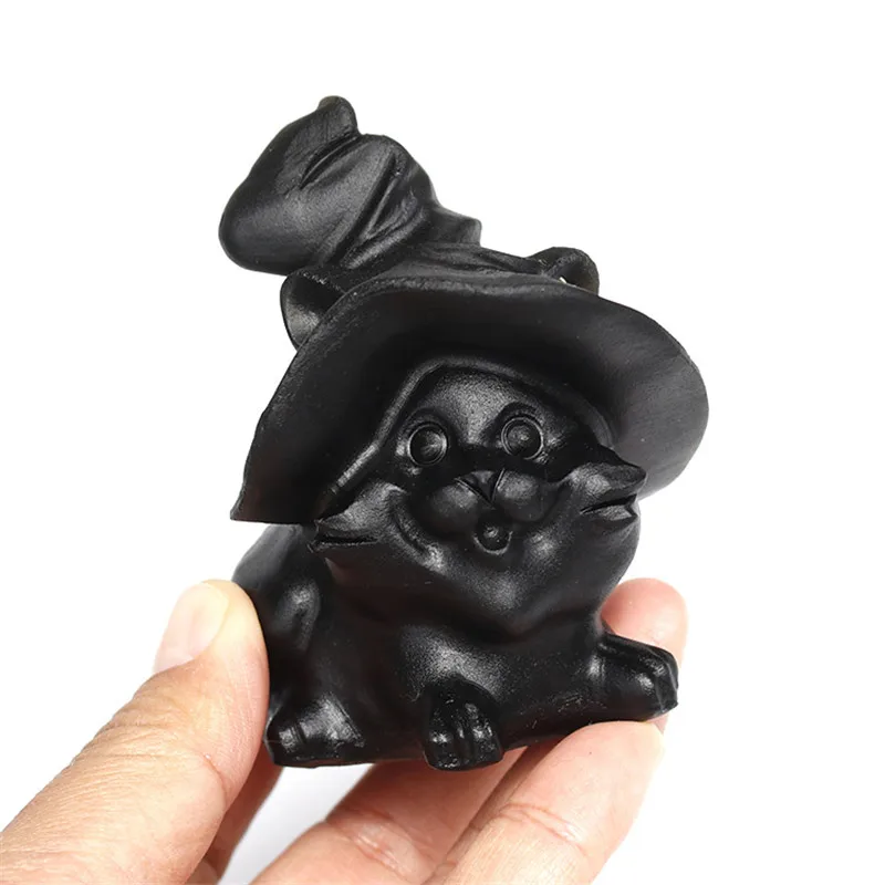 

1 Pcs hand carved cute natural black obsidian crystal wizard cat
