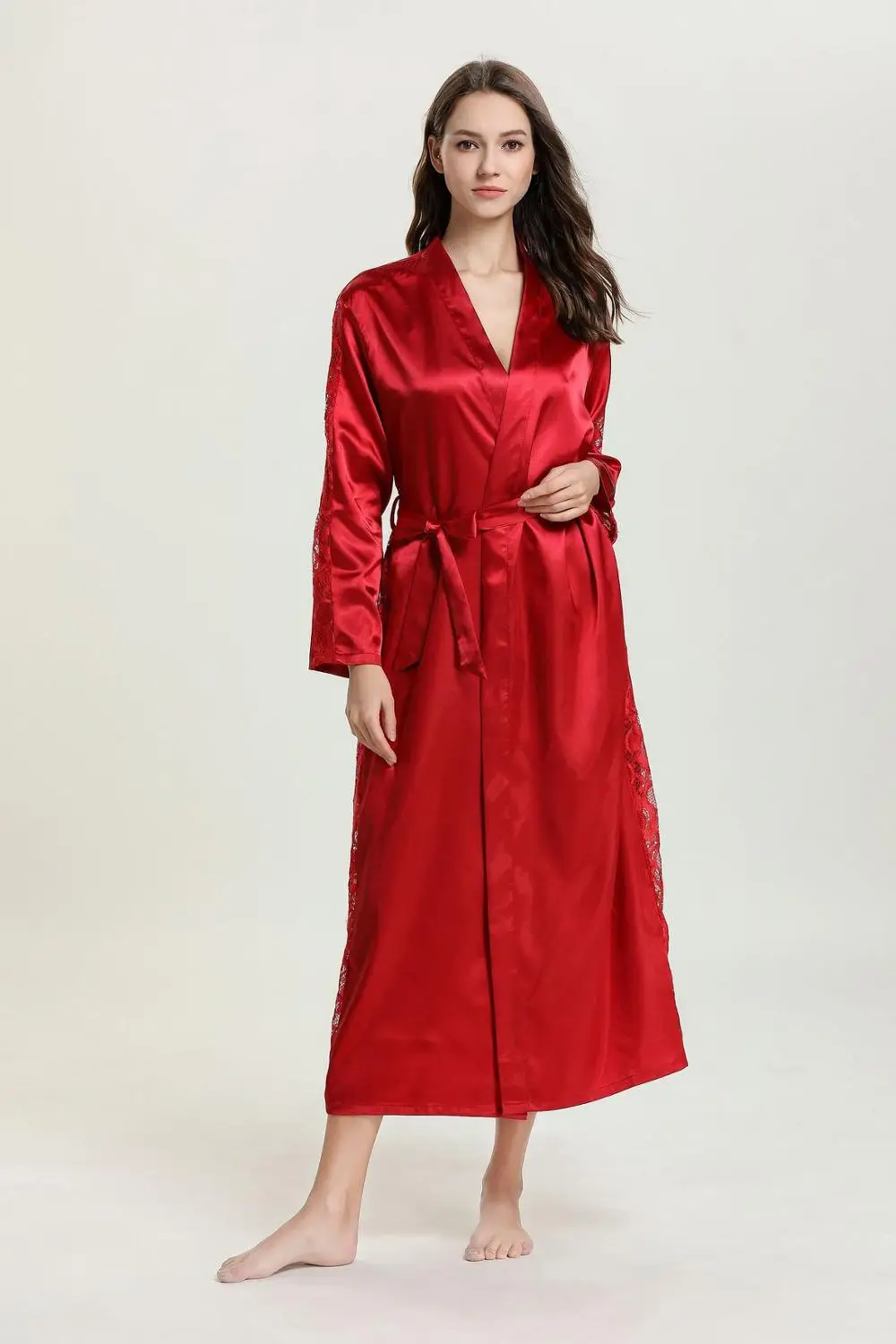wine red Брендовый дизайнерский женский Шелковый кружевной длинный халат сексуальный однотонный летний банный халат атласные ночные рубашки туалетный халат атласный - Цвет: wine red