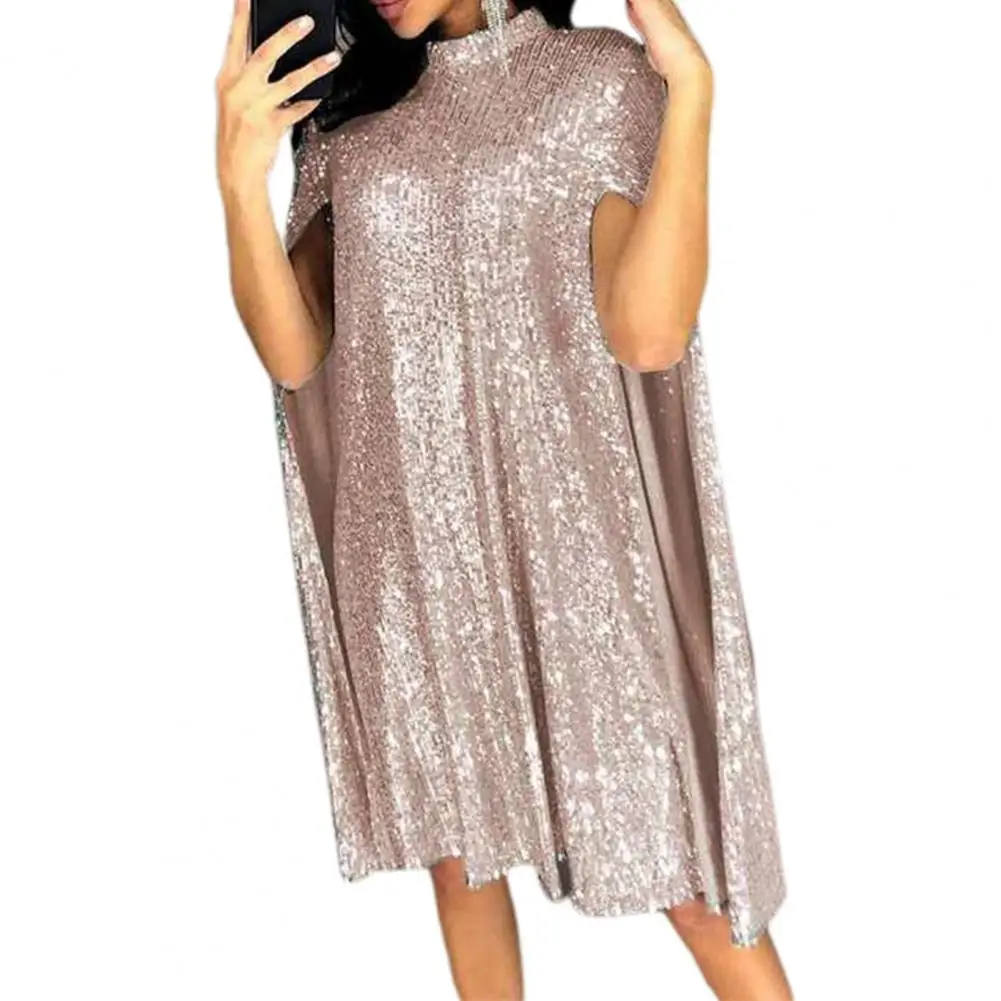 

Glitter Party Dress Women Loose Turtleneck Sequin Spring Autumn Hollow Out Elegant Lady Dress for Cocktail Female Clothing