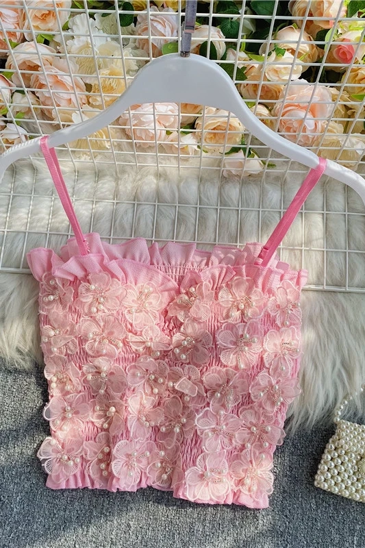 

Fashion Flower Beaded Bandeau Tank Top Fairy Sweet Sleeveless Camisole 2021 Summer Sweet Girl Sleeveless Sling Tank Top