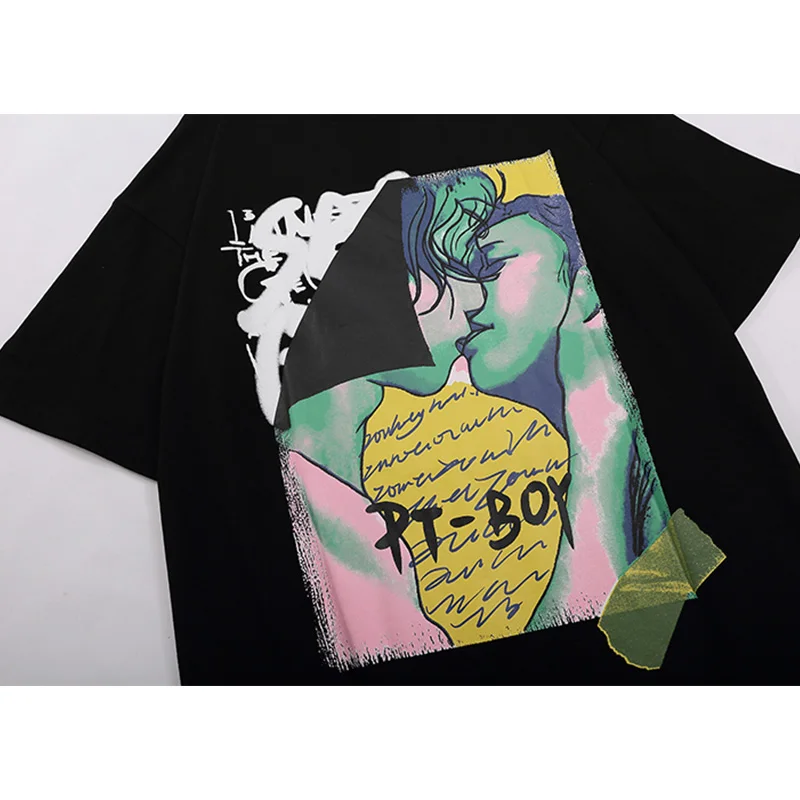 

Aolamegs T-shirt Men Watercolor Harajuku Painting Printed Couple Tee Shirts Summer Loose High Street Vintage Fashion Streetwear