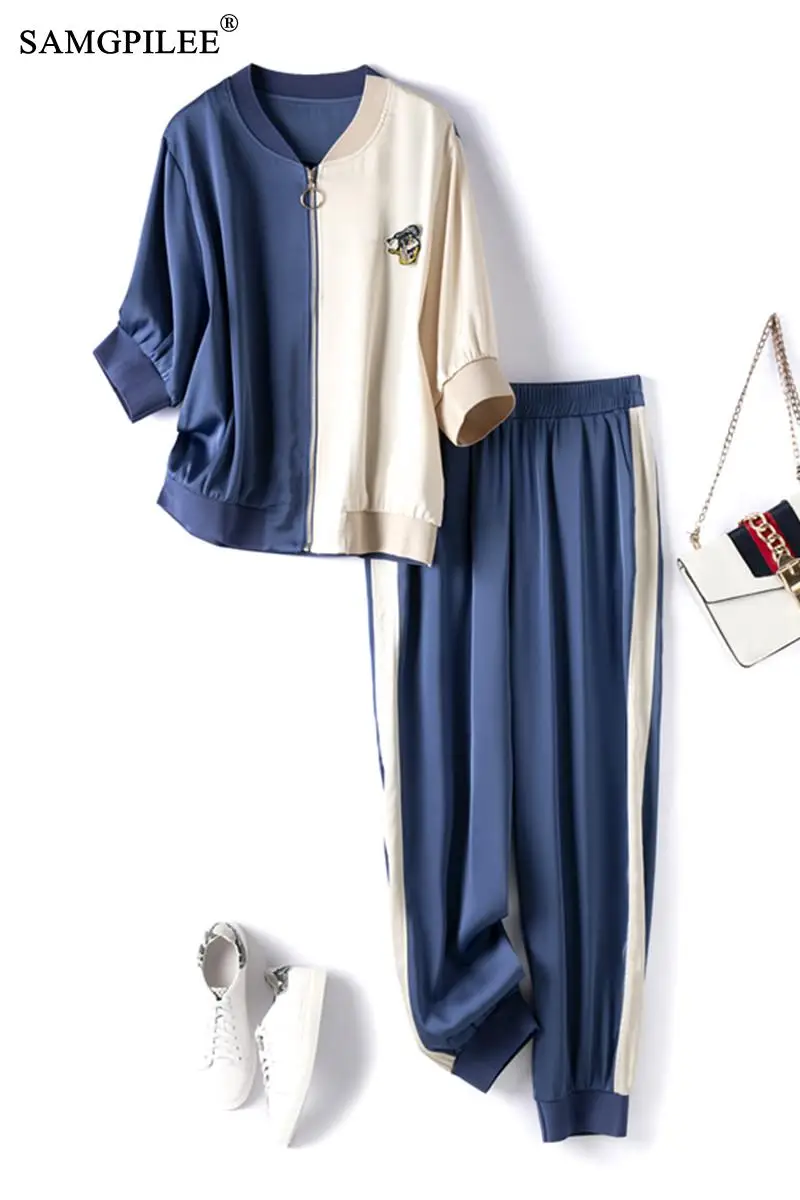 

Summer Two Piece Set For Women 2021 New Half Sleeve Casual Zipper Stand Collar Elastic Waist Ankle Length Patchwork Woman Sets