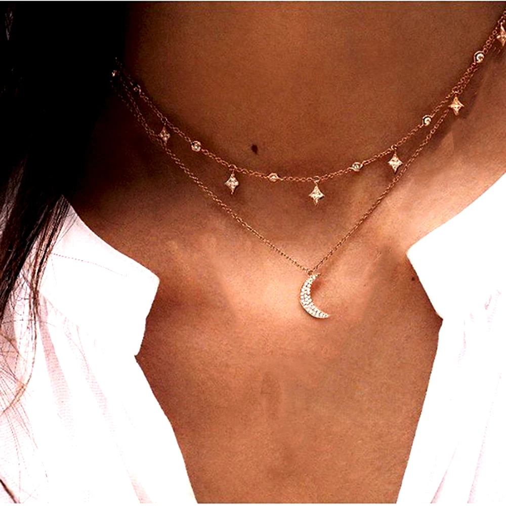 

2020 VintageMulti-layer Moon Star Necklace For Women Gold Color Pendants Necklaces Geometry Chokers Jewelry Gift