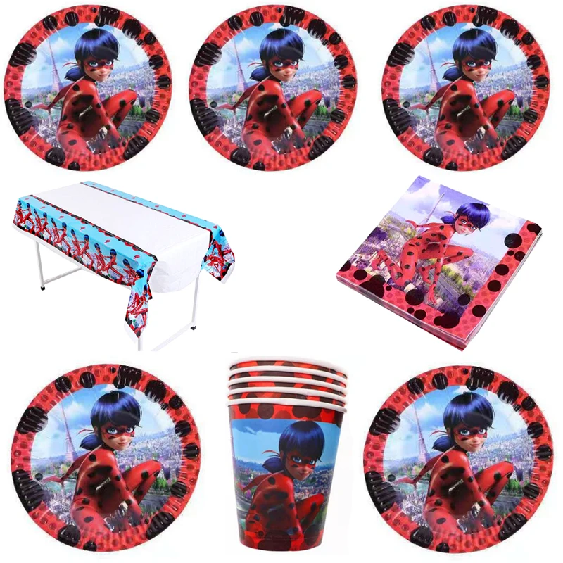 61 unids/lote Ladybag tema mantel cumplea&ntilde;os cubierta de mesa de fiesta toallas de ba&ntilde;o para beb&eacute;s placas tazas ni&ntilde;os favores decoraciones de suministros-0