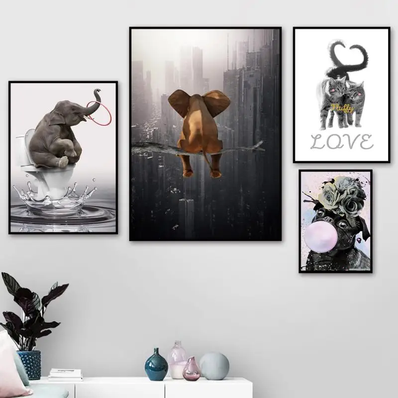 

Funny Animal Elephant Cat Dog Canvas Painting Toilet Bathroom Wall Decor Creative Picture Nordic Abstract Art Posters and Prints