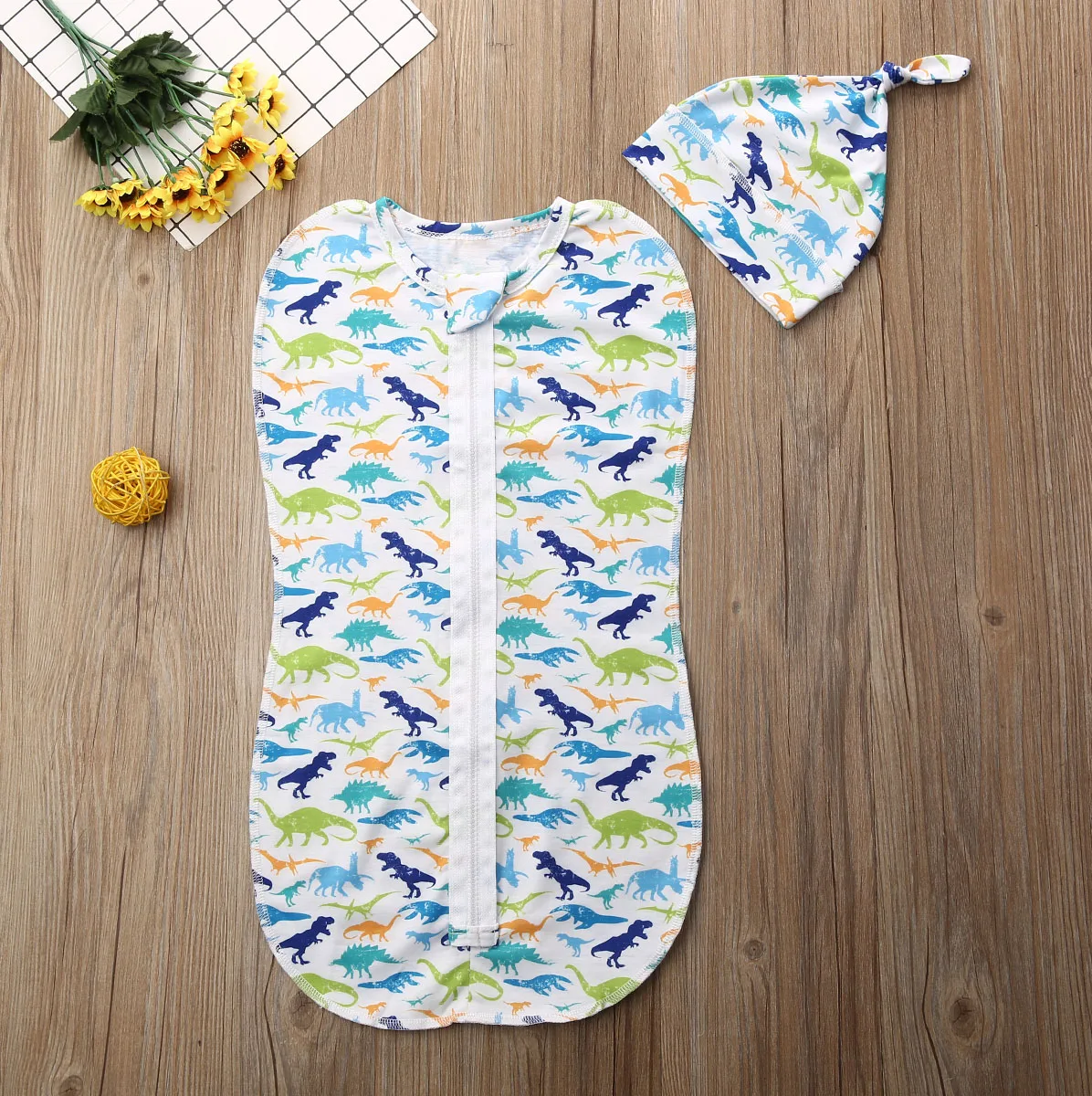 Baby Sleeping Bags Newborn Baby Cotton Zipper Swaddle Blanket Wrap Sleeping Bag +Hat 2pcs Size 0-6M