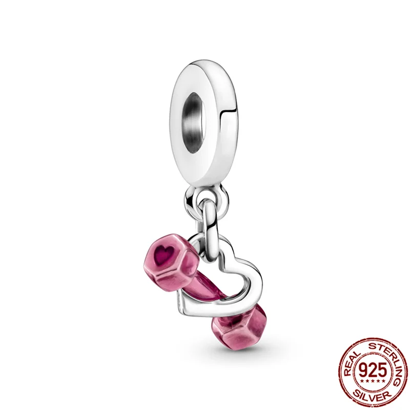 

100% Real 925 Sterling Silver Pink Dumbbell Love Charm Fit Original Pandora Bracelet&Bangle Making Fashion DIY Jewelry 2021 New