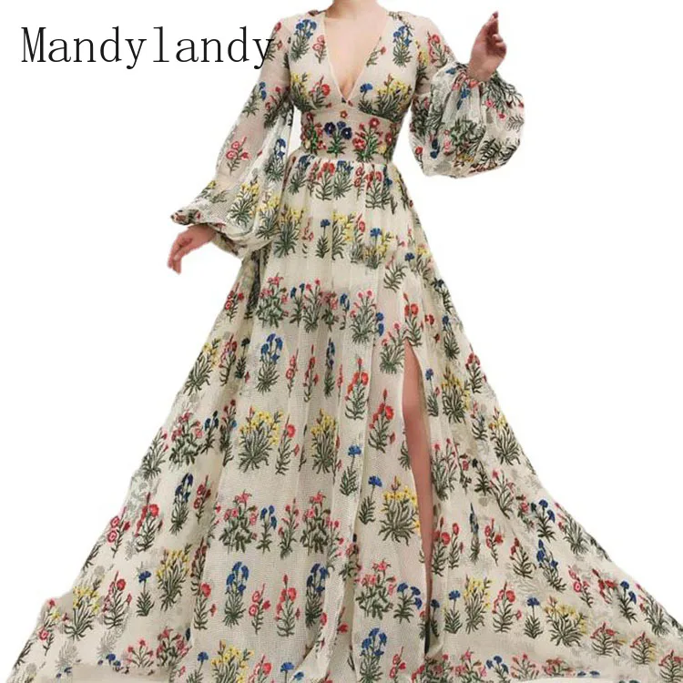 

Mandylandy Dress Autumn Bohemian V-neck High Waist Pleated Stitching Dress Women's Casual Mesh Floral Print See-through Dress