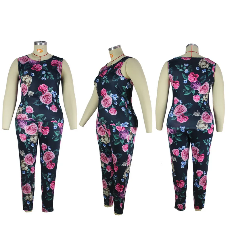 

Women Big Size Sets Plus-Size Stretchy Sexy Two Piece Outfits for Bodycon Crop-Top Long-Pants Summer Casual Workout