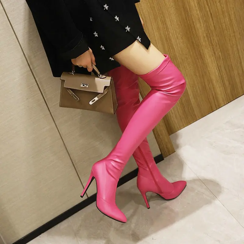

ZawsThia Sexy Stripper Heels Stretch Pink Pointed Toe Thin High Heels Thigh High Booties Women Overknees Boots Big Size 47 48 49