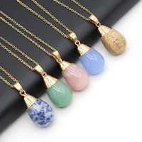 natural round water drop shape damation jaspers flash labradorite stone necklace pendant women gift length 40cm size 15x30mm