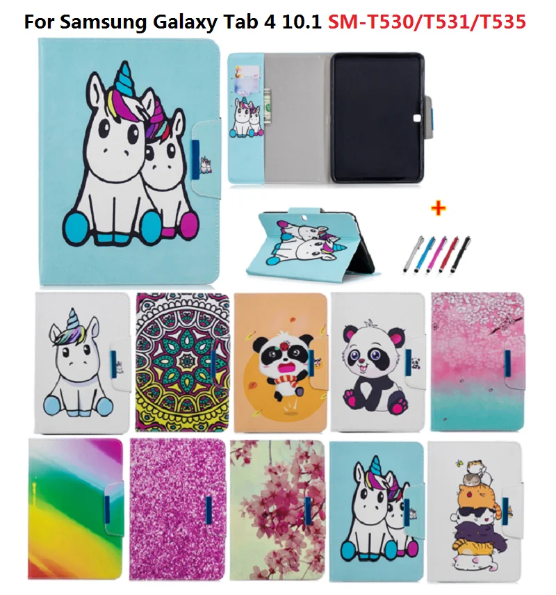 Чехол для планшета Samsung Galaxy Tab 4 10.1 дюймов SM-T530 T531 T535 2014 Модный кожаный фанда Красивый чехол со стендом в виде единорога и панды + Подарок.