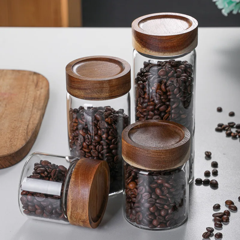 

New Style Thickened Lid Glass Sealed Storage Jar Glass Storage Bottle Acacia Wood Lid Threaded Mouth Sealed Storage Jar