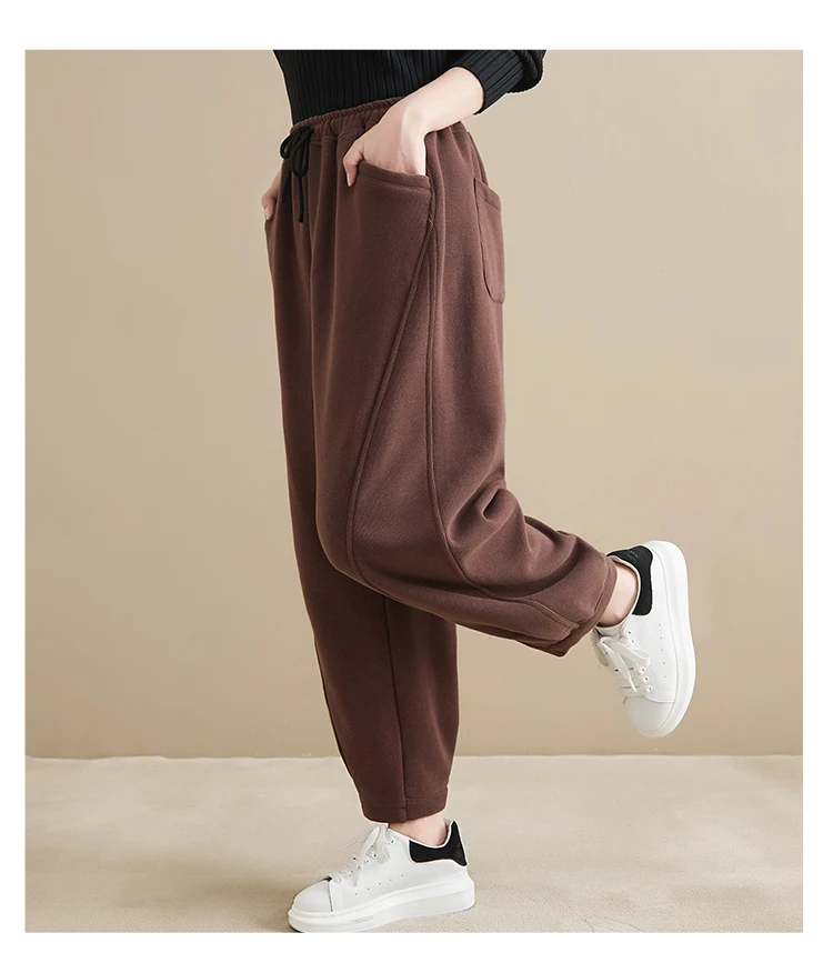 Winter New Trendy Warm Fleece Thick Oversize Loose Casual Trouser Women Solid Color Elastic Waist Versatile Premium Sweatpants