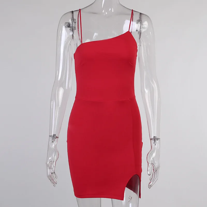 

Women Sexy Sleeveless Irregular Neck Strapless Split Spaghetti Strap Mini Dress Ladies Bodycon Party Fashion Solid Dresses