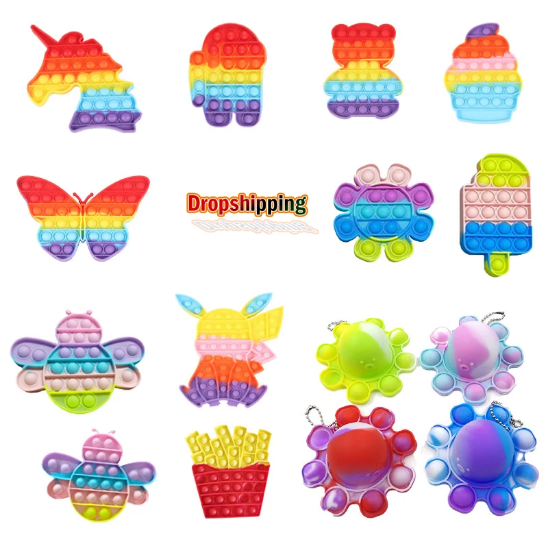 

2021 Rainbow Color Anime Pokemon Pop Push Bubble Fingertip Silicone Dimple Children Autism Sensory Decompression Toy Kawaii Gift