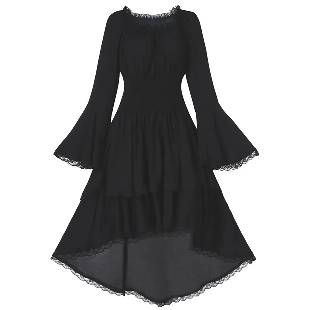Women Plus Size Pleated Dress Gothic Punk Two-piece Butterfly FlareSleeve Female Lace Vintage Evening Party Mid-Calf | Женская одежда