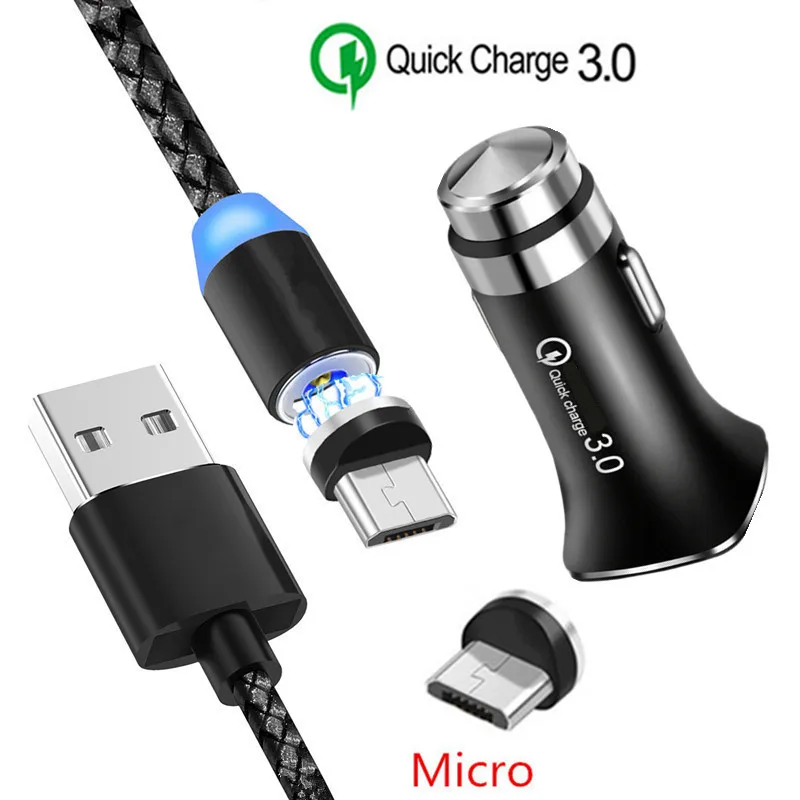 Car charger 1M cable QC 3,0 быстрое металлическое зарядное устройство для автомобиля Meizu M8C M6T Магнитный Micro USB зарядный кабель для samsung galaxy LG K40 Q60 7A Honor 9 lite 10i 8X - Тип штекера: Car charger 1M cable