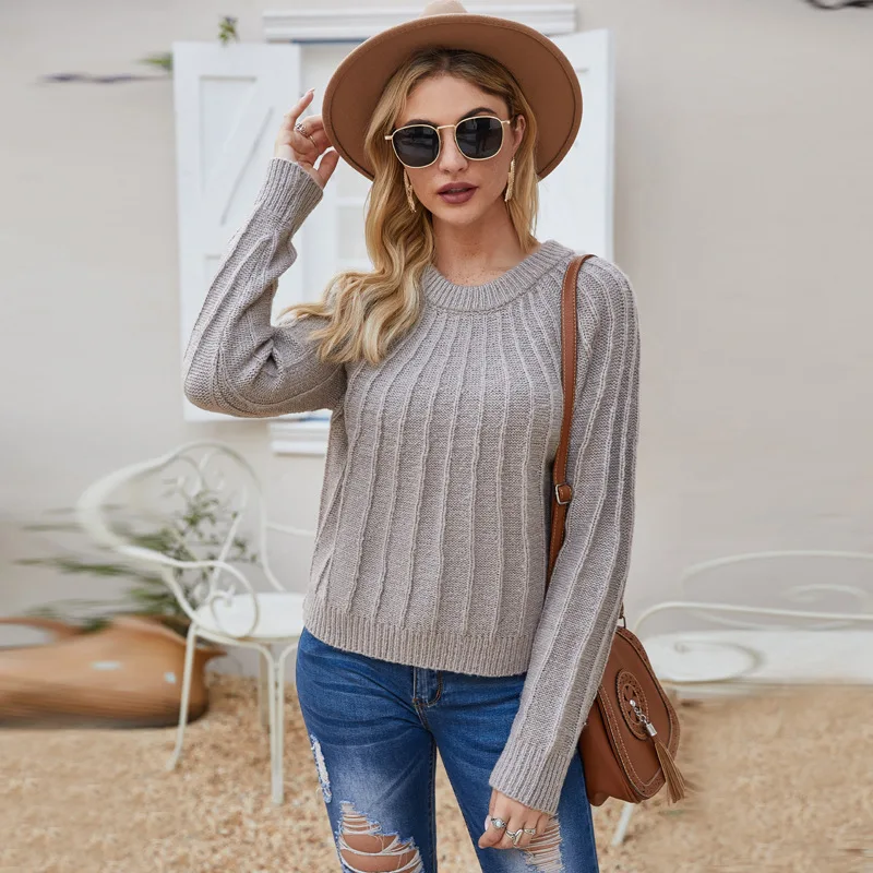 

Donsignet Women's Sweaters Fashion Spring Round Neck Solid Color Cable Flower Loose Knit Long Sleeves Woman Sweaters