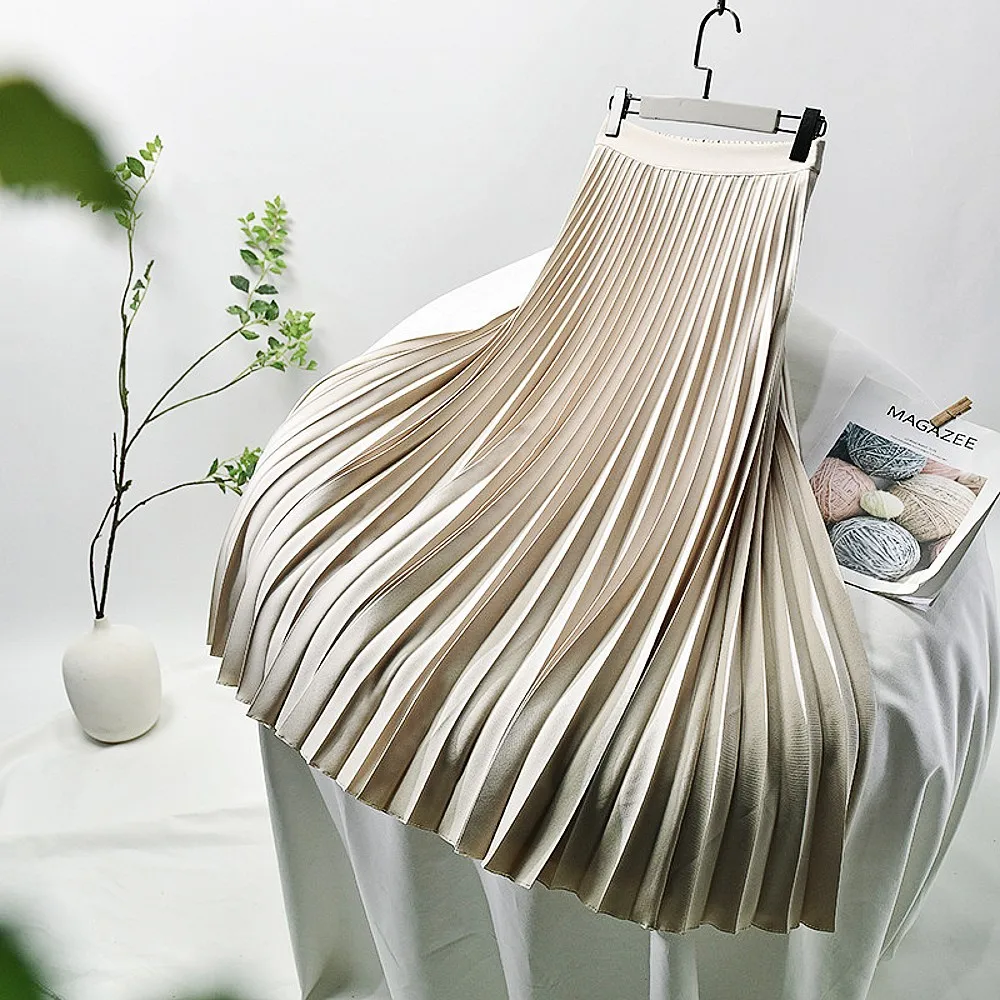

Brand Designer Women Spring Autumn Elegant Chic Solid Pleated Skirt High Waist Luxury Fashion Elastic Waist Skirt Female MB017