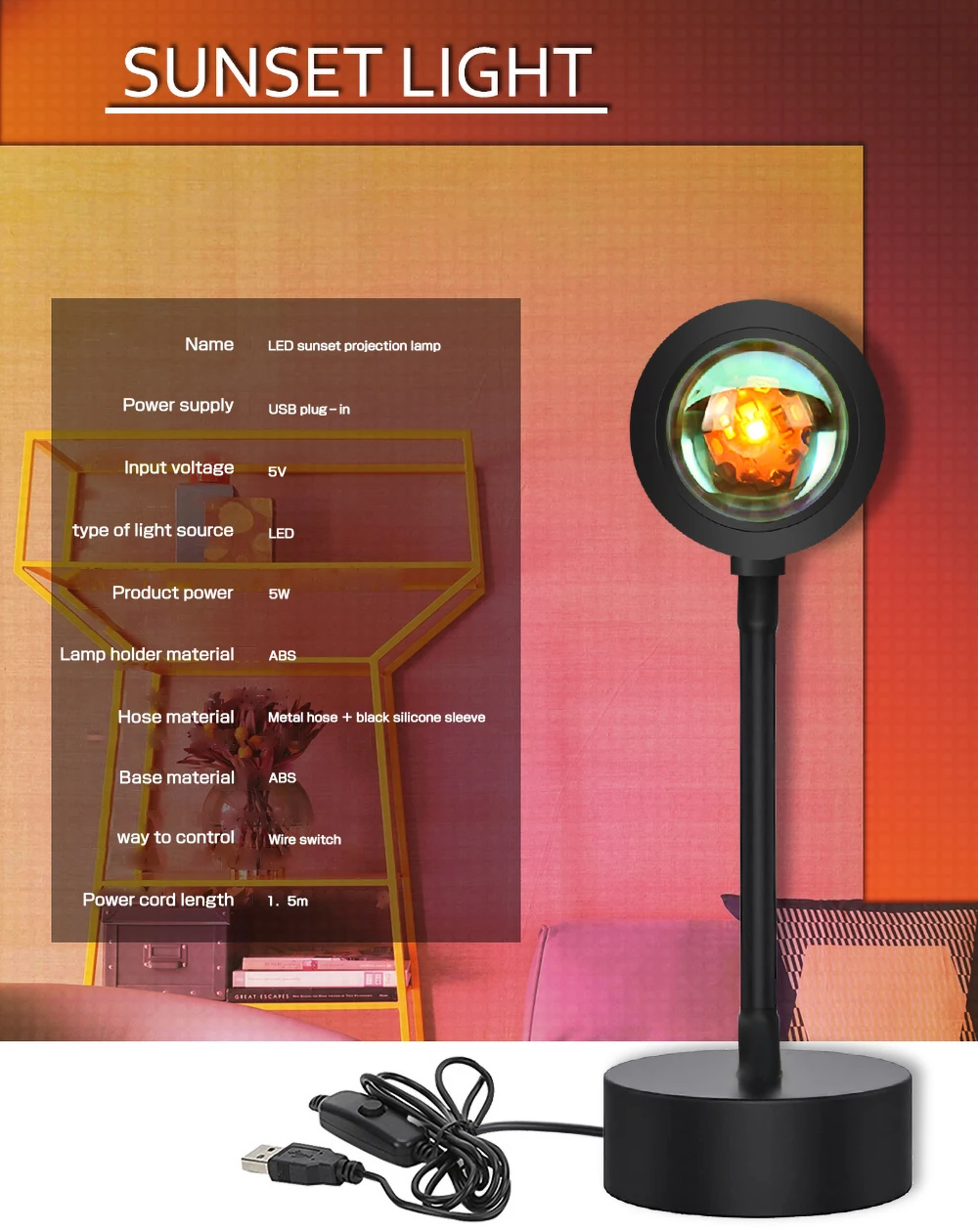 

LED Lamp Rainbow Sunset Projection Night Lights Bedroom Live Atmosphere Lights