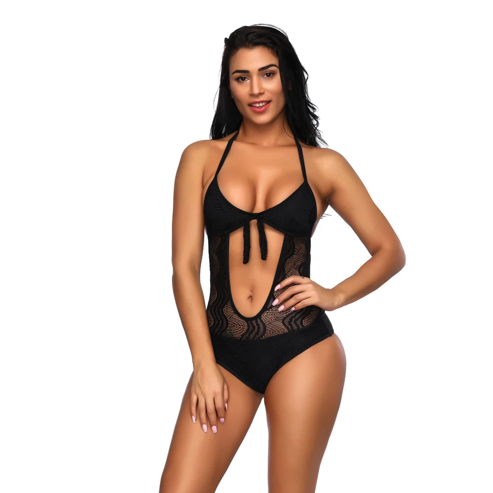 Женский сексуальный кружевной Цельный купальник черный белый с высоким вырезом