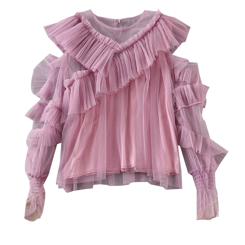 

H33 autumn fairy new perspective lace sexy irregular net yarn off-the-shoulder falbala chiffon blouse