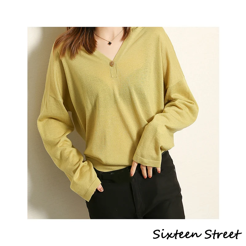

Новые женские пуловеры с длинным рукавом, тонкий свободный свитер с v-образным вырезом, Осень-зима, базовая толстовка с воротником, однокноп...