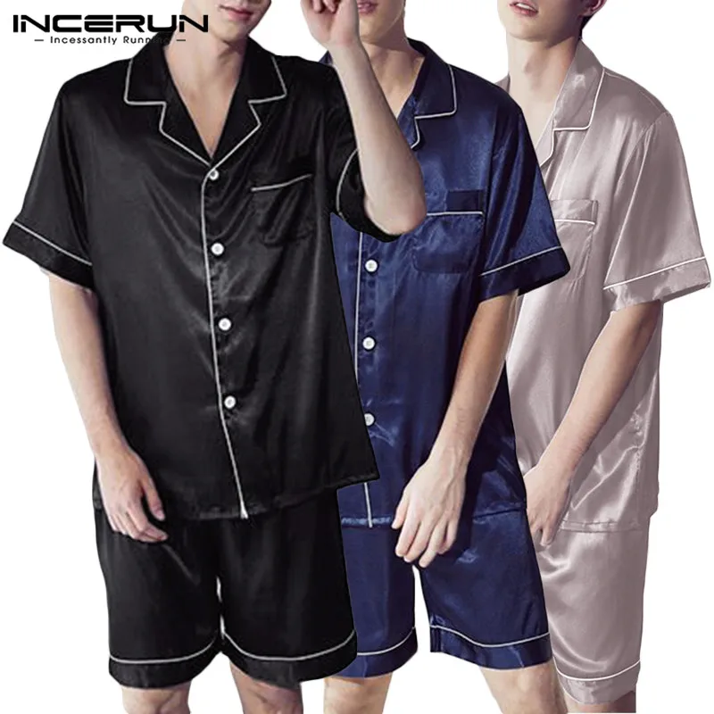 

INCERUN Summer Mens Pajamas Sets Short Sleeve Lapel Sleepwear Tops Shorts 2 Pieces Soft Breathable Sexy Men Nightgown Sets S-5XL