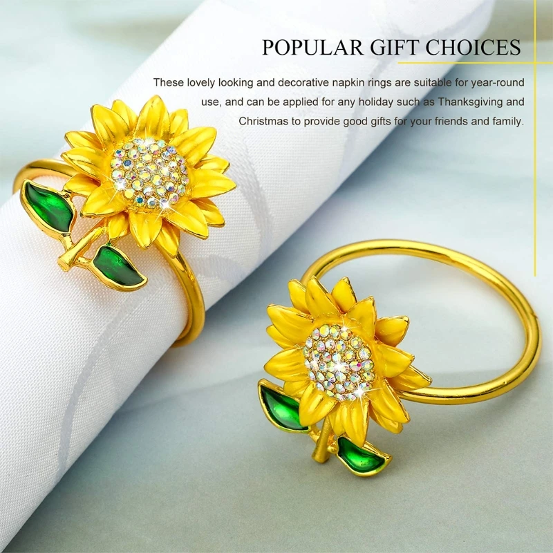 

6PCS Napkin Rings Sunflower Napkin Holder Rings Metal Diamond Gold Napkin Adornm 87HA