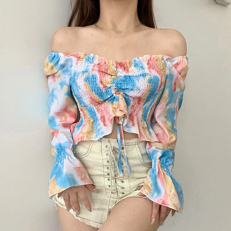 

Женская шифоновая рубашка, милая блузка с длинным рукавом и вырезом лодочкой, летние рубашки, блузки с принтом