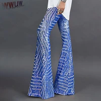 fashion women black silver sequin glitter flare pants sequin trousers for female party dance high waist bell bottom long pants