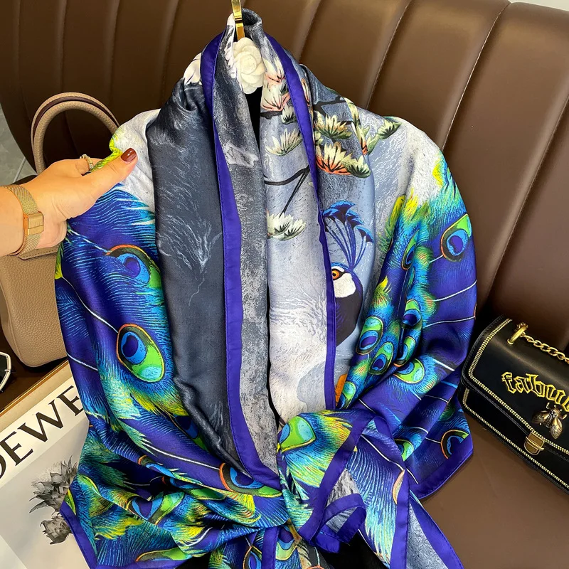 Женский Шелковый зимний шарф роскошный дизайн принт павлина Женская пляжная
