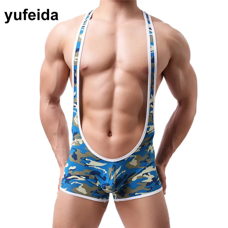 

YUFEIDA Sexy Mens Underwear Bodysuits Camo Jumpsuits Undershirts Wrestling Singlet Leotard Boxers Briefs Bulge Pouch Lingerie