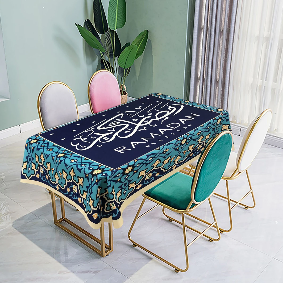 

Muslim Eid Mubarak Tablecloth Waterproof Rectangle Print Tablecloth Prayer Dining Table Cloth Islamic Ramadan Kareem Decoration