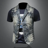 2021 spring autumn high quality mens solid color embroidery single breasted slim motorcycle sleeveless mens denim waistcoat