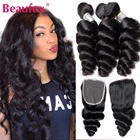 Beaufox свободные волнистые пряди с застежкой Remy человеческие волосы 34 пряди кружевной застежкой малазийские свободные волнистые человеческие волосы для наращивания