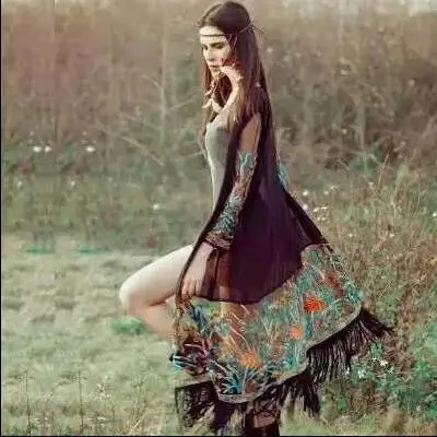 Богемский стиль 2019 Лето кимоно кардиган Туника Бохо хиппи вышивка кисточкой